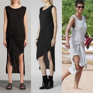 Allsaints Riviera Jersey Gathered Asymmetrical Dress Angora Viscose Sz 6